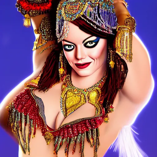 Image similar to a digital portrait of emma stone dressed as a belly dancer, arabian night, high quality, fully detailed, 4 k, in focus face with fine details, realistic hands