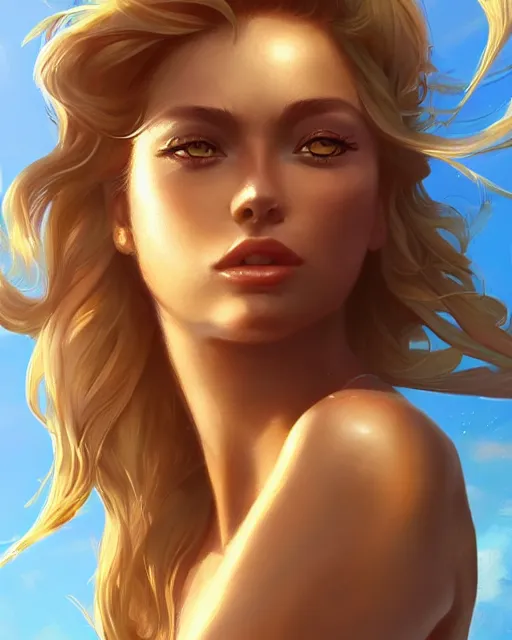 Image similar to summer vibes, beautiful sun tanned goddess, flowy golden hair, sun, summer, cinematic lighting, highly detailed, digital painting, trending on artstation, pixiv, concept art, sharp focus, illustration, art by ross tran and wlop