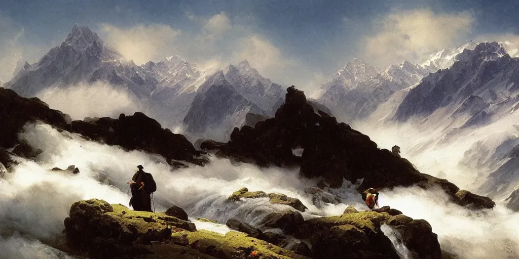 Prompt: black devil hiking in the swiss alps by Ivan Aivazovsky