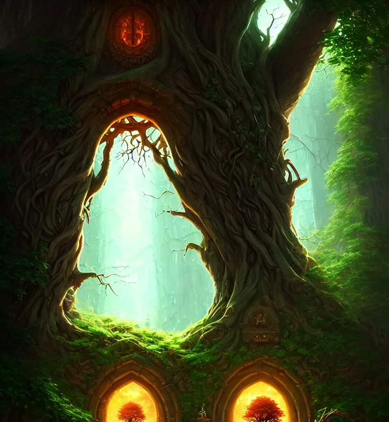 Image similar to a beautiful giant tree growing in the middle of an mysterious giant door carved with symbols, a door is embedded in the tree. godray on plants, fantasy digital art, fantasy style art, fantasy hearthstone art style, fantasy game art by greg rutkowski, darksouls concept art