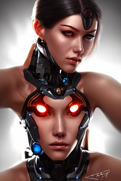 Image similar to portrait of a cyborg woman with mechanichal parts by Artgerm, hyper detailled, trending on artstation