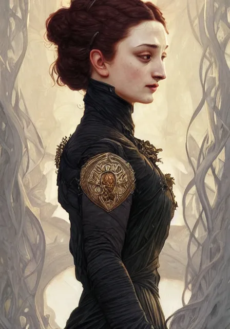 Prompt: portrait of dark sansa monster, intricate, elegant, highly detailed, digital painting, artstation, concept art, smooth, sharp focus, illustration, art by artgerm and greg rutkowski and alphonse mucha and william - adolphe bouguereau