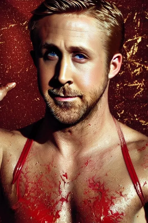 Image similar to painted portrait of ryan gosling as rugged zeus god of thunder greek god white hair masculine handsome upper body red and gold broad shoulders