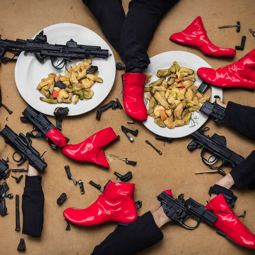 Image similar to 4 people, some guns, reality is collapsing, what the hell is this? red shoes, and some vegan food