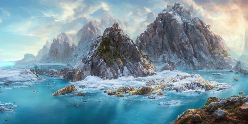 Image similar to a salt covered island surrounded by colourful rugged crystal quartz mountains, illustration, bright sunlight, sun glints, sunrays, digital art, hyperrealistic, oil painting, fantasy, 8 k, trending on artstation, detailed