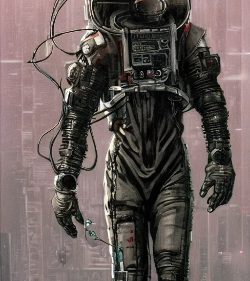 Image similar to realistic cyberpunk engineer with long limbs and a black spacesuit on a spacewalk, techwear, dead space, visible face, Industrial Scifi, detailed illustration, character portrait, by Ashley Wood and Moebius