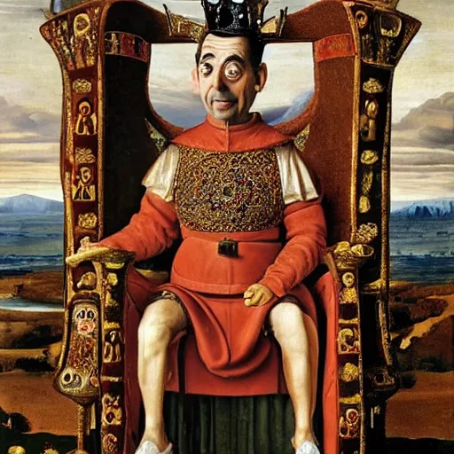 Prompt: A still of Mr. bean depicted as a medieval king on a throne, renaissance oil painting by Salvador Dali