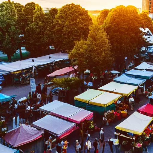 Prompt: film still, establishing shot of bustling farmers market, golden hour, high angle