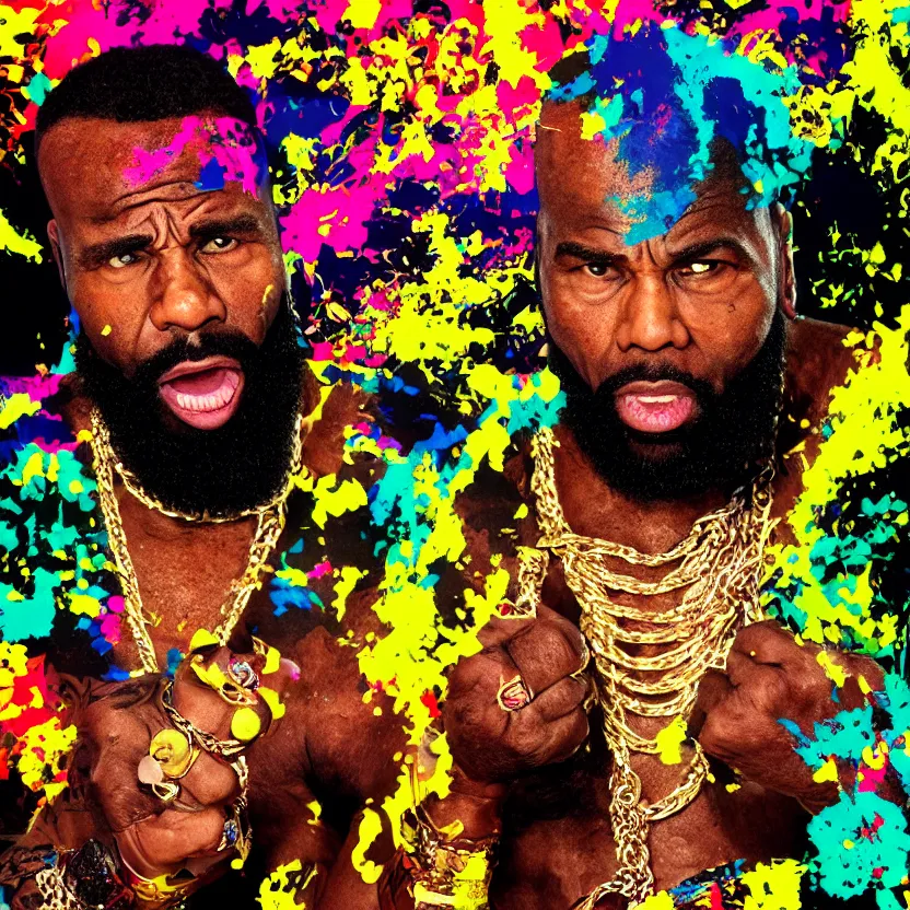 Image similar to mr. t pitying all the fools, hyper color, stylized photo, gold chains, digital art