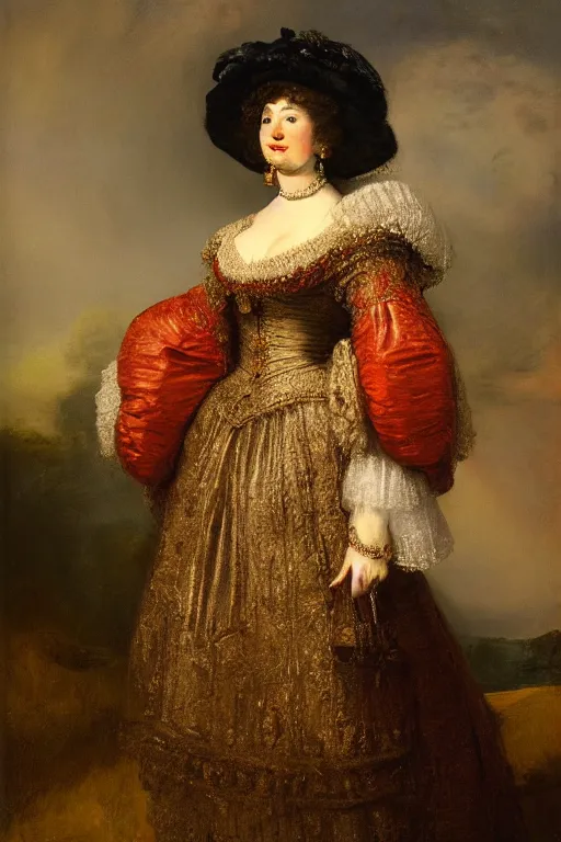 Prompt: portrait of lisa ann as a british royal, painted by rembrandt