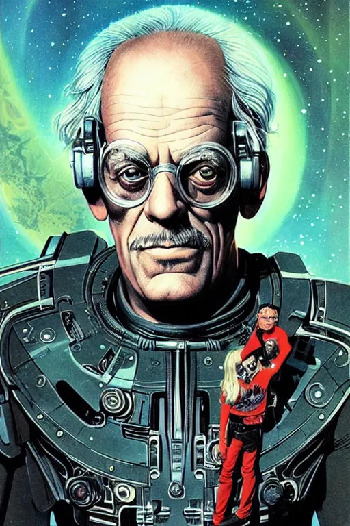 Image similar to Christopher Lloyd is a space pirate, science fiction, retro cover, high details, intricate details, by vincent di fate, artgerm julie bell beeple, 60s, inking, vintage 60s print, screen print