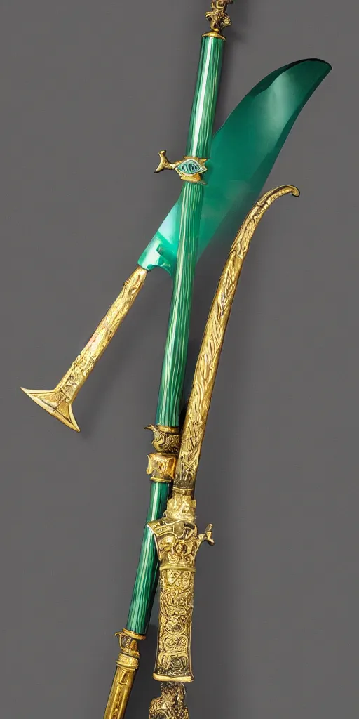 Image similar to photograph of a large green and teal crystal sword with a gold sword hilt