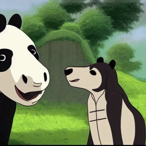 Image similar to a horse talking with a giant panda, studio ghibli style