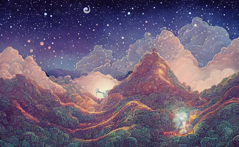 Prompt: mountains, stars and paisley filled sky, artstation, intricate, highly detailed, digital painting, concept art, sharp focus, illustration by Benjamin Lacombe and James Jean