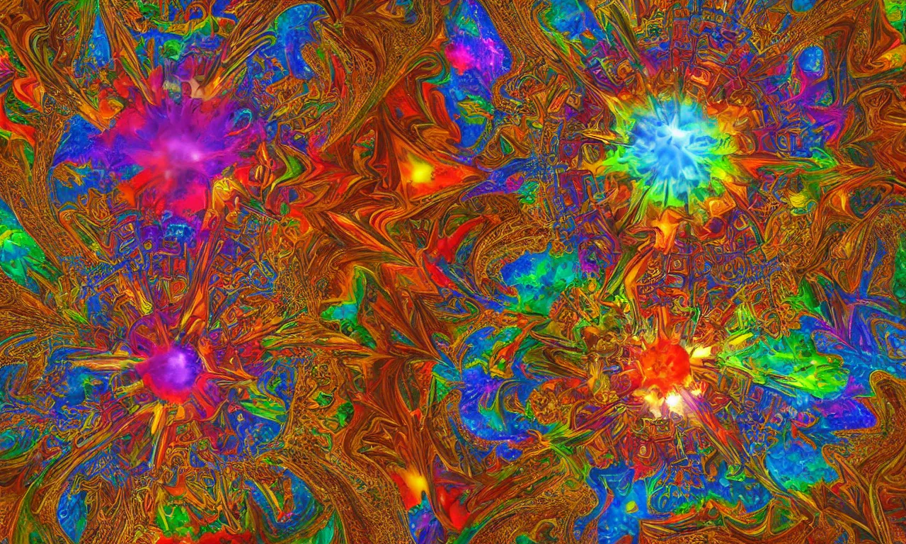 Image similar to acrylics blob voronoi engine laboratory 3 d volume kaleidoscope mandala fractal chakra digital multicolor stylized concept substance liquid nebula stone, a spectacular view cinematic rays of sunlight comic book illustration, by john kirby radiating a glowing aura global illumination ray tracing hdr depth fog overlay multiply photoshop layer