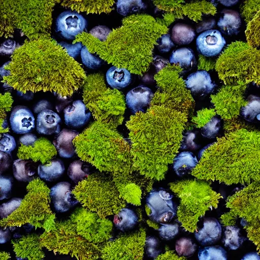 Image similar to closeup of a blueberry bush in a mossy nordic forest. Digital art. 4K. Artistic. Trending on artstation.