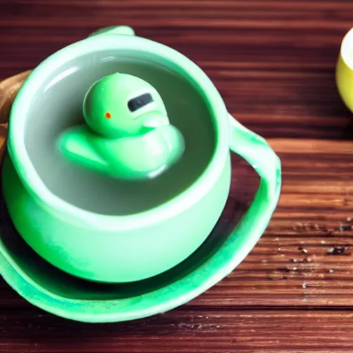 Image similar to a cup of green tea with a rubber duck bathing inside it