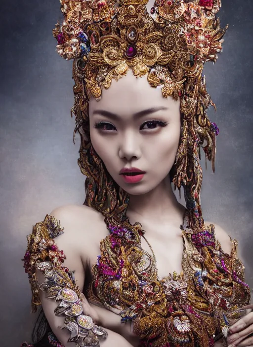 Image similar to expressive full body photo of a thai female model, ornate headpiece made from flowers, ornaments, glamour shot, by karol bak, by stefan gesell, photorealistic, canon r 3, fashion photography, hyper maximalist, elegant, ornate, luxury, elite, environmental portrait, symmetrical features, octane render, unreal engine, solid dark grey background, dramatic lights