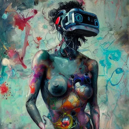 Image similar to grinning woman in a vr headset, dynamic energic pose, cyberpunk in the style of adrian ghenie, esao andrews, jenny saville, surrealism, dark art by james jean, takato yamamoto