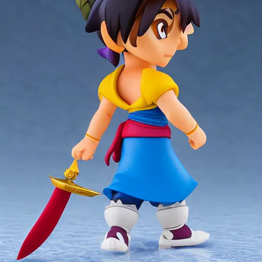 Image similar to side view of aladdin as nendoroid walking with arabic sword, 8 k hd dof, kodak film,