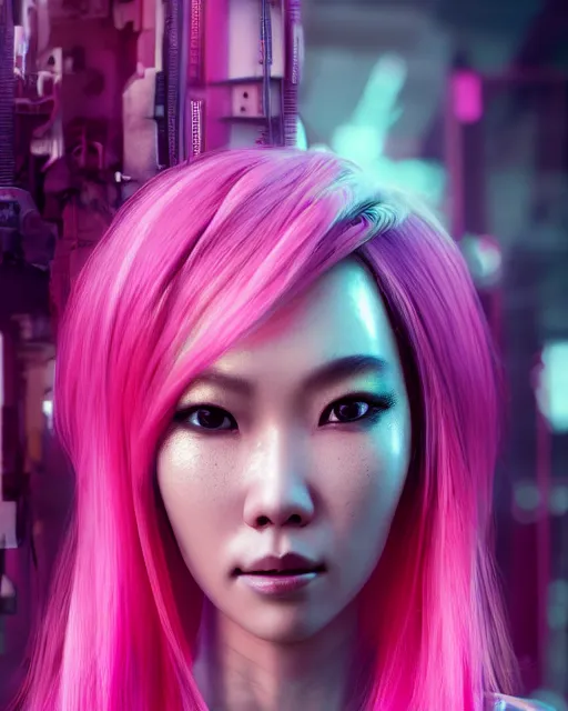 Image similar to portrait of a beautiful thai woman with pink hair as a cyberpunk cyborg half robot, sci - fi, missing panels, intricate abstract upper body intricate artwork, concept art, octane render, deviantart, cinematic, key art, hyperrealism, iridescent accents, portrait photograph, nikon 3 5 mm, photograph by greg rutkowski