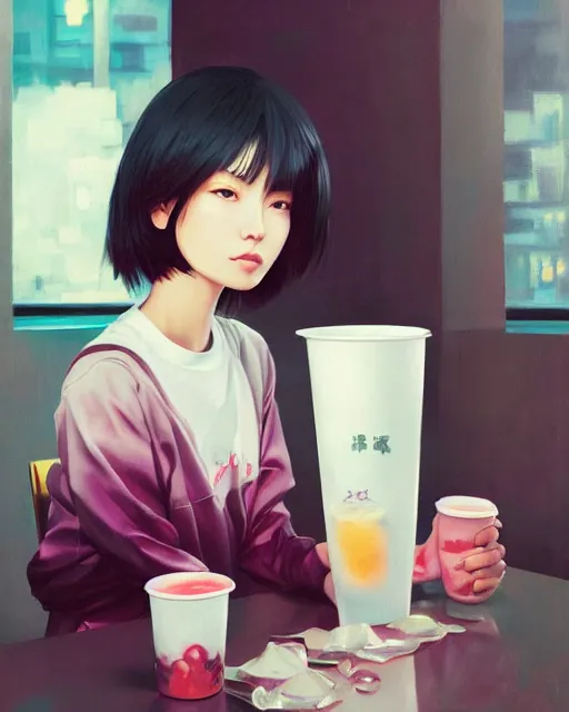 Image similar to A ultradetailed beautiful portrait panting of a stylish woman drinking boba tea, she is wearing streetwear, Oil painting, by Ilya Kuvshinov, Greg Rutkowski and Makoto Shinkai