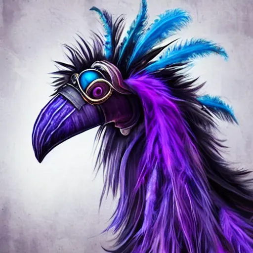 Prompt: A 4 legged tall alien creature with a hump covered in blue and magenta feathers, a long boney neck and face representing a plague doctor mask, high quality, hyper realistic