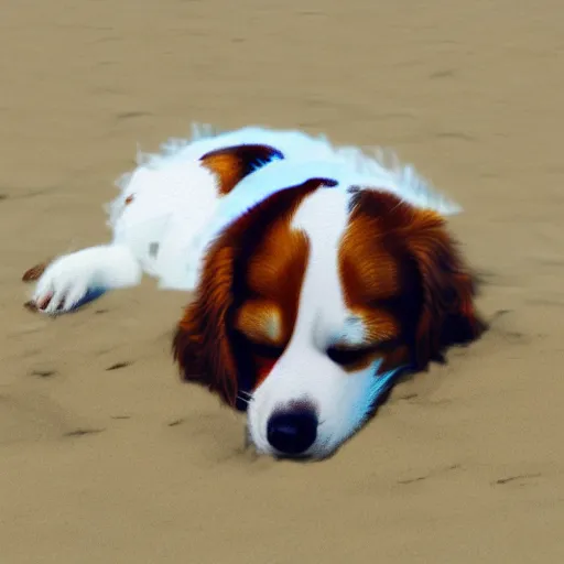 Image similar to kooikerhondje doge sleeping in the beach, high quality, artstation, 4k