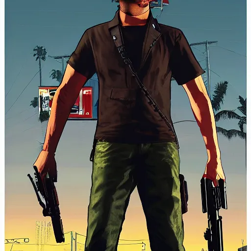 Image similar to Leon Kennedy in GTA 5, cover art by Stephen Bliss, boxart, loading screen