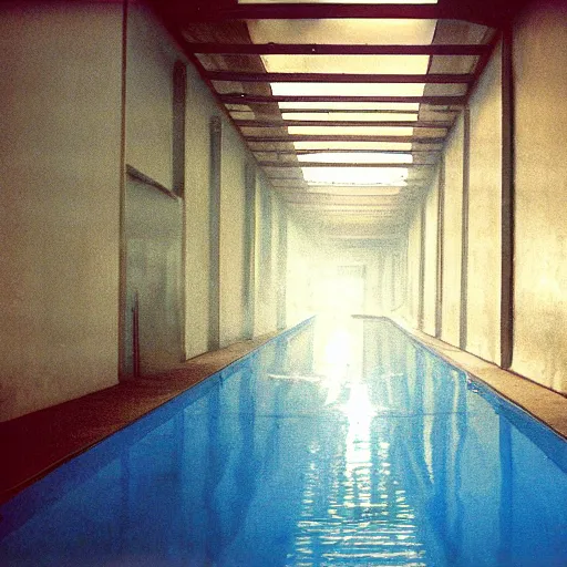 Prompt: Beautiful cameraphone 2000s, soft liminal Photograph of foggy hallway pool