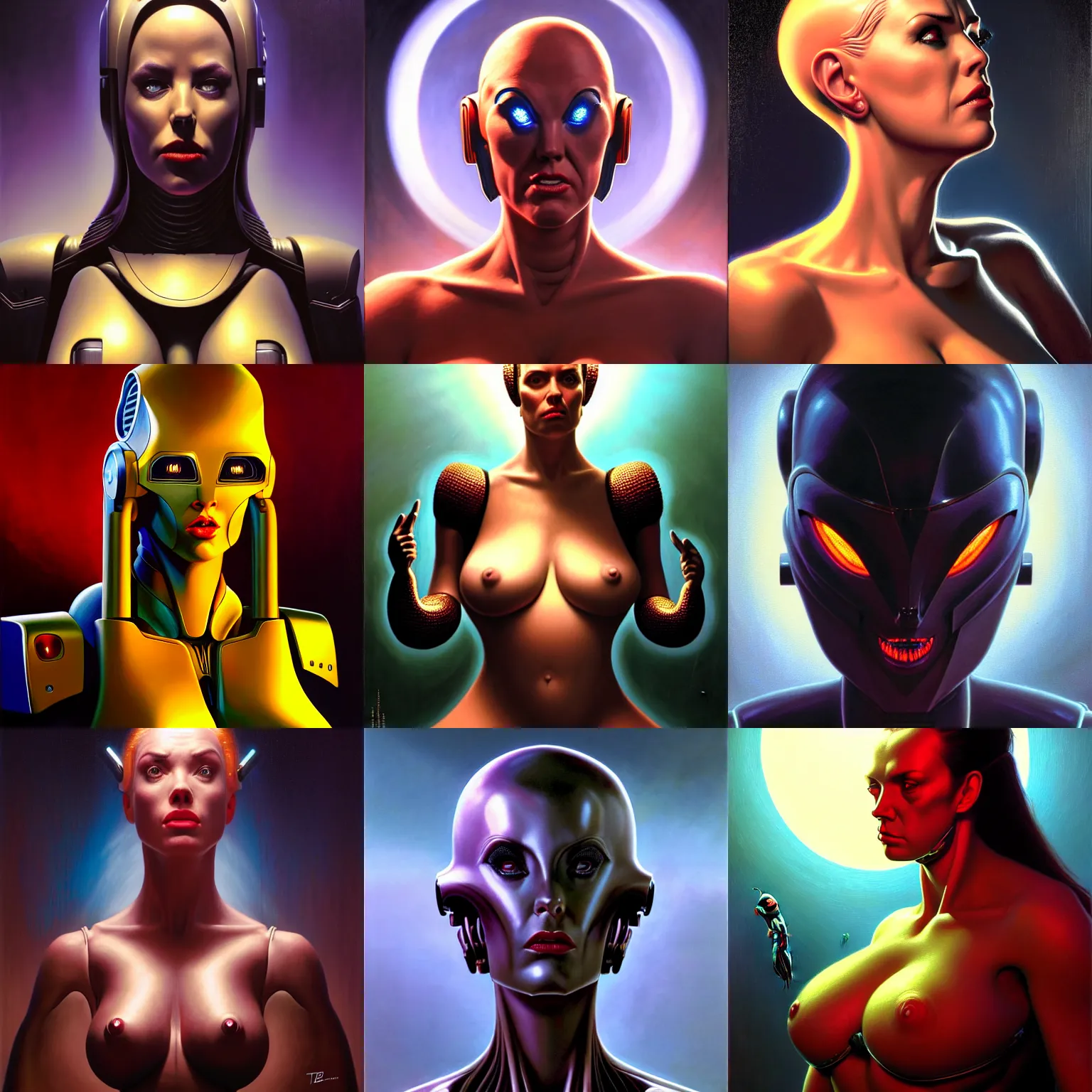 Prompt: cinematic bust portrait of Angela White from left, head and chest only, exotic alien features, robotic enhancements, desaturated, Tim Hildebrandt, Wayne Barlowe, Bruce Pennington, donato giancola, larry elmore, oil on canvas, masterpiece, trending on artstation, featured on pixiv, cinematic composition, dramatic pose, beautiful lighting, sharp, details, hyper-detailed, HD, HDR, 4K, 8K