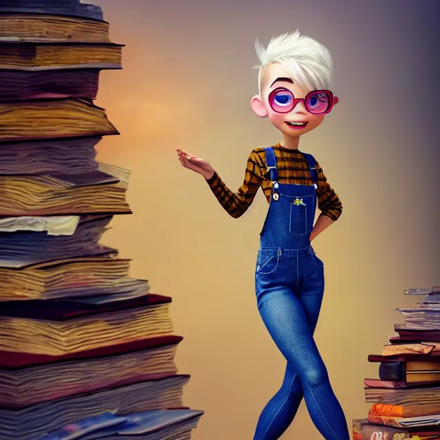 Image similar to full body pose, beautiful adult fairy, pixar, short white hair shaved sides, dirty, grungy, grunge, long sleeve, painted overalls, stacks of giant books, highly detailed, 4 k, hdr, smooth, sharp focus, high resolution, award - winning photo, artgerm, photorealistic