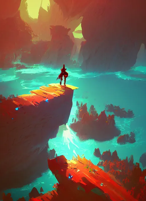 Prompt: man standing on top of a rock next to a river, a screenshot by anton fadeev, featured on polycount, fantasy art, 2 d game art, concept art, official art