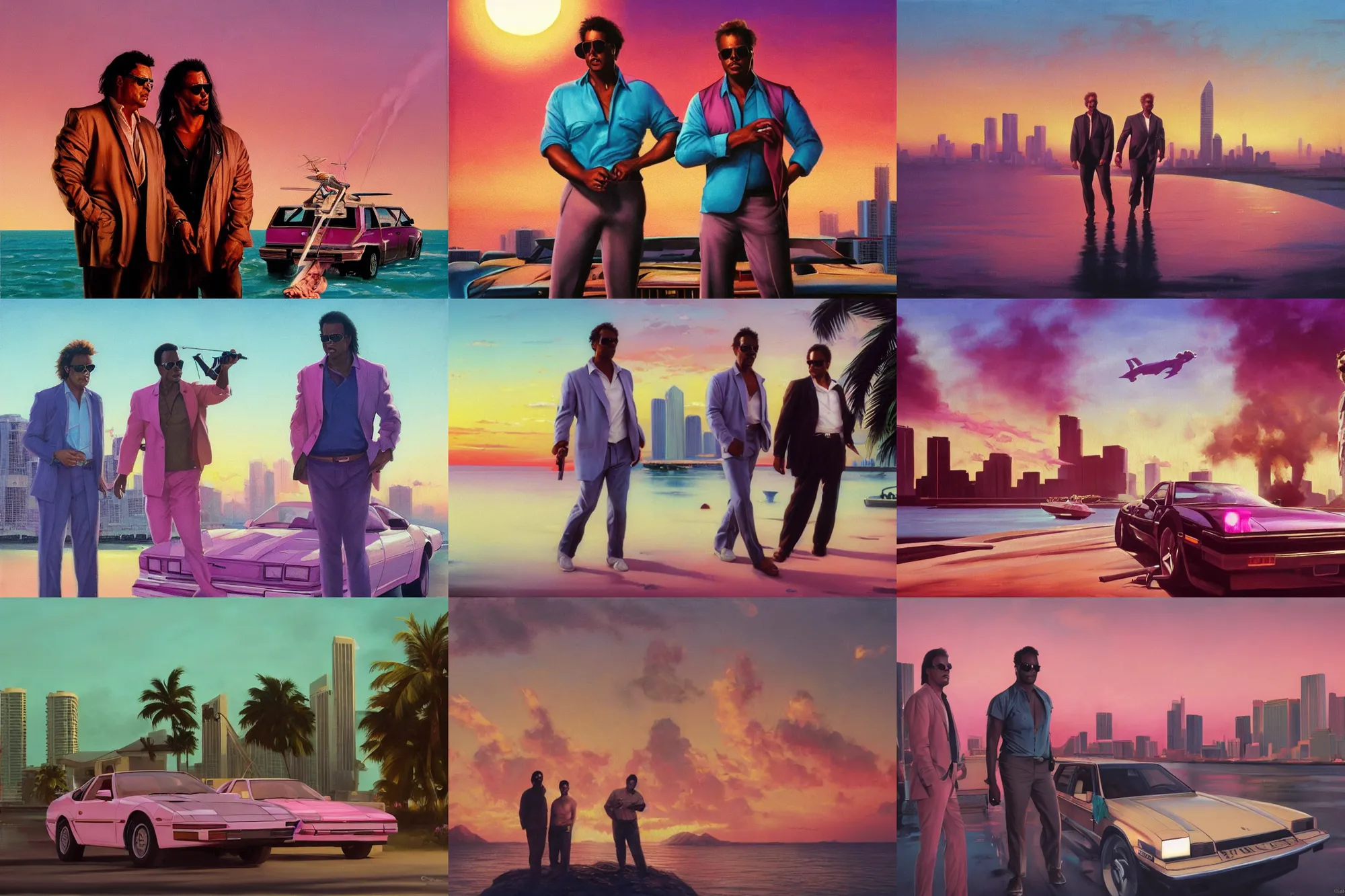 Prompt: an oil painting of crockett and tubbs, eighties miami vice, ultra realistic, highly detailed, sunset, masterpiece, cinematic by frank frazetta, greg rutkowski, beeple, christian macnevin, beeple, wlop, krenz cushart, epic fantasy character art, volumetric lighting, cgsociety, pink and teal