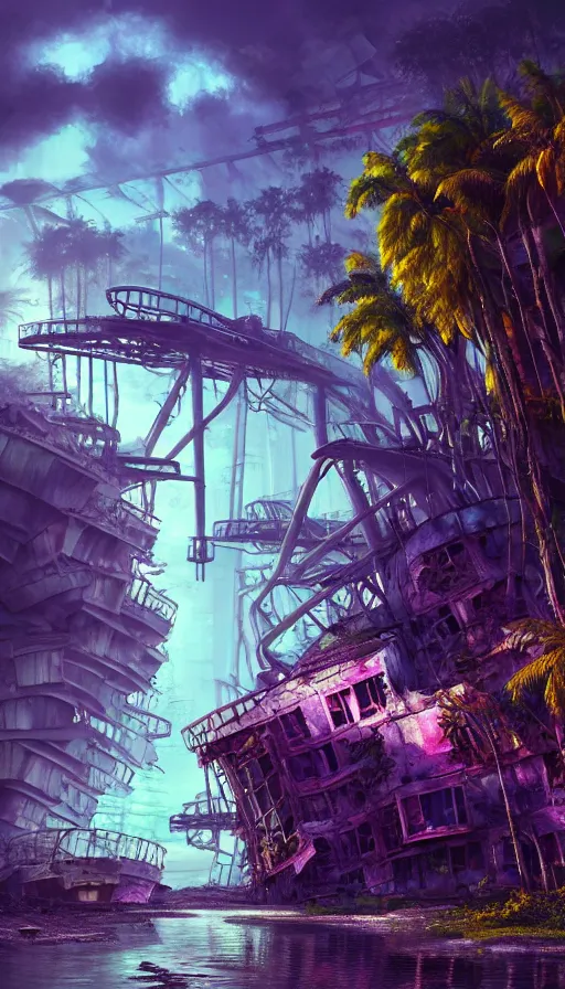 Prompt: a beautiful photorealistic painting of shipwreck nature urbex architecture city industrial architecture by frank gehry, sea reclaimed by nature rainforest flowers lightpaint tron nightvision synthwave morning sun sunlight nightsky uv light magic realism at night laser, archdaily, wallpaper, highly detailed, trending on artstation.