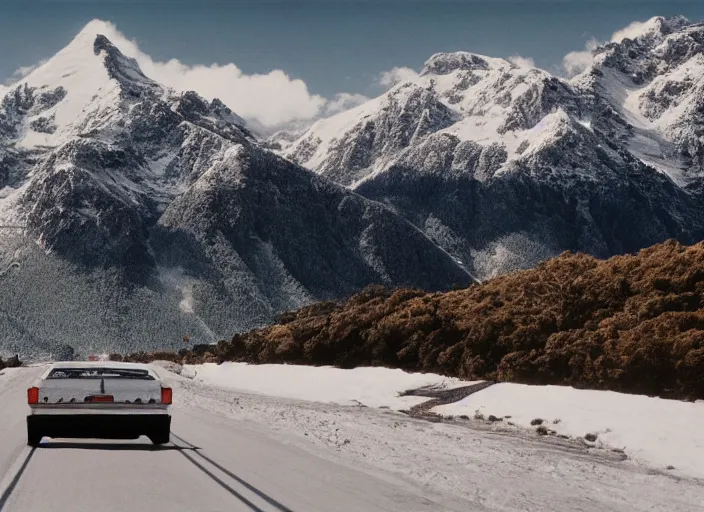 Image similar to A very high resolution image from a new movie, landscape from a car window , mountains, snowy, snowy mountains, Polaroid, directed by wes anderson