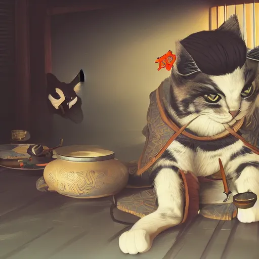 Image similar to many cat samurais are drinking tea, highly detailed, digital painting, artstation, japanese ukiyo style,, movie still, smooth, sharp focus uhd 8 k