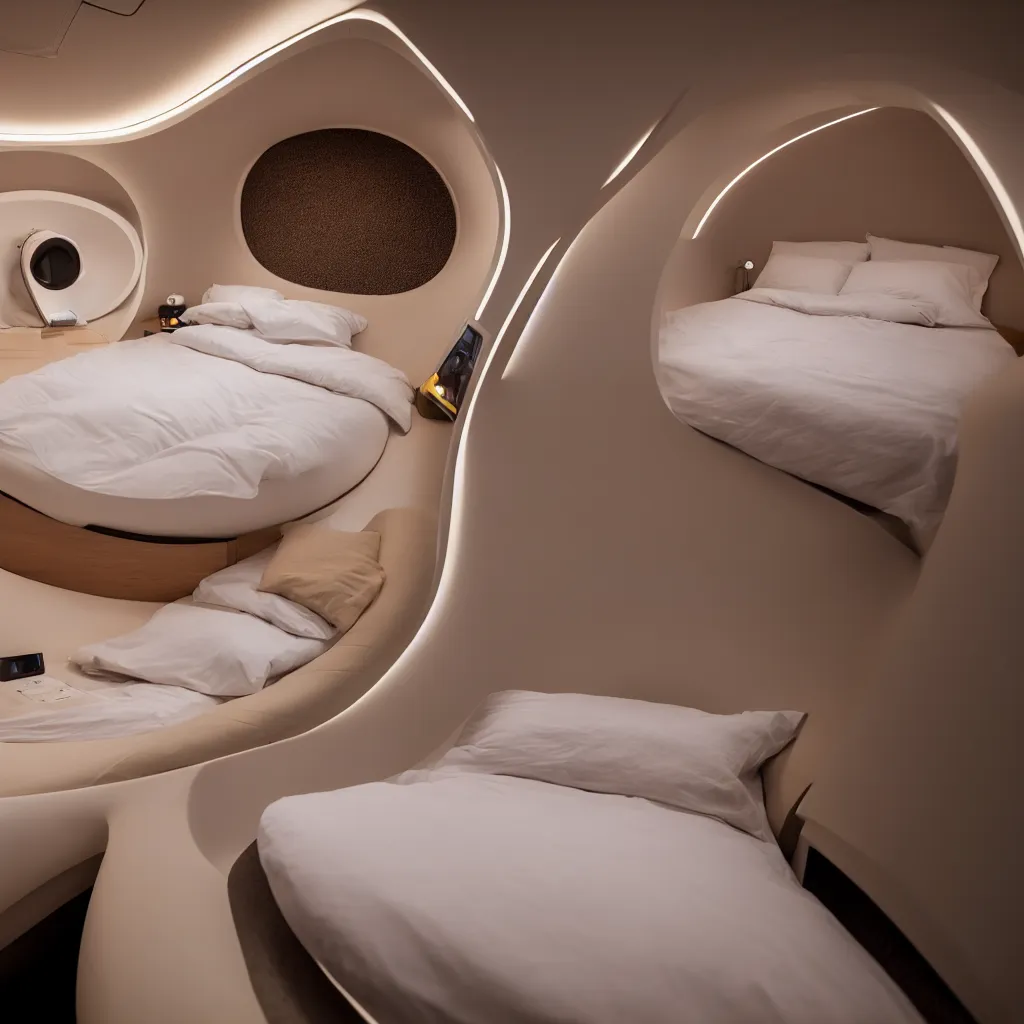 Image similar to inside cozy luxurious curved sleep-pod with wall to wall padding and sound system, amber ambient lighting, atmospheric, seductive, XF IQ4, 150MP, 50mm, F1.4, ISO 200, 1/160s, dawn