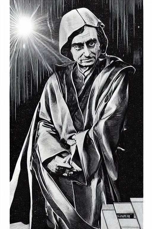 Prompt: A cast copper engraving of carl sagan wearing jedi robes, HD, 4k, 8k, incredibly detailed, intricate, masterpiece, trending on artstation, cgsociety