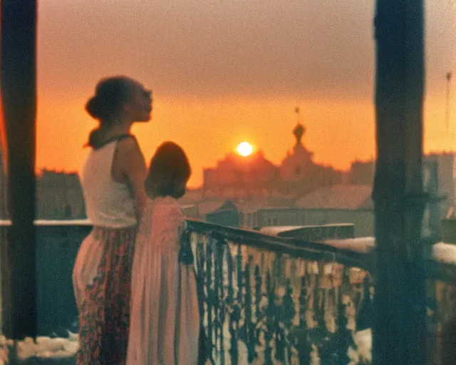 Image similar to lomo photo of pair standing on small hrushevka balcony full with cigarette smoke in small russian town looking at sunset, cinestill, bokeh