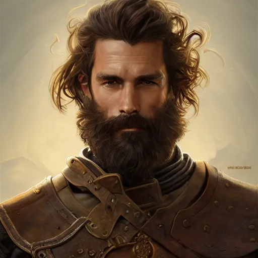 Image similar to portrait of a ruggedly handsome paladin, soft hair, muscular, half body, leather, hairy, d & d, fantasy, intricate, elegant, highly detailed, digital painting, artstation, concept art, smooth, sharp focus, illustration, art by artgerm and greg rutkowski and alphonse mucha