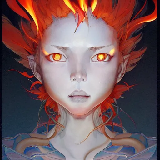 Image similar to prompt : flames and blades character portrait soft light painted by james jean and katsuhiro otomo and erik jones, inspired by evangeleon anime, smooth face feature, intricate oil painting, high detail illustration, sharp high detail, manga and anime 1 9 9 9