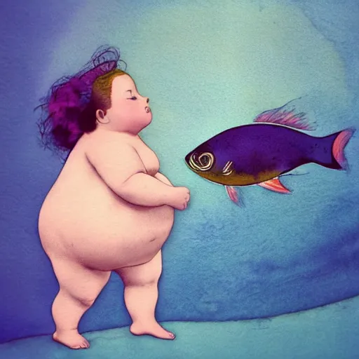 Image similar to a beautiful art. the most cute little fat girl is kissing a huge colorful cute fish. modern etching. colored print. hype realistic scene. old photography style. studio lighting. window. 3 d, octane render, deep focus, fashion style, white scene. very funny and sweet art. unreal engine. watercolor. fellini style. poster quality. da vinci painting