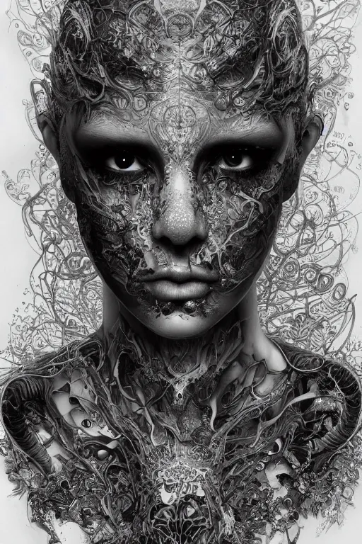 Prompt: A fractal Mesmerizing 8k hyperrealistic Photo Portrait of a pale skinned human with a tattoo by Joe Fenton that is transforming into iridescent geometry, cyberpunk, Surrounded by Mist, highly detailed, intricate, sci-fi, sharp focus, art by Ayami Kojima, Daytoner, Greg Tocchini, James Jean,Yoshitaka Amano. Subsurface scattering. Octane Render.