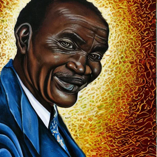 Image similar to a painting of a fatherly wide forehead, aquiline nose, round face, XXL , loving, caring, generous, ever-present, humble, wise elder from Kenya with a friendly expression in a suit by Wangechi Mutu . Fatherly/daddy, focused, loving, leader, relaxed,. ethereal lights, details, smooth, sharp focus, illustration, realistic, cinematic, artstation, award winning, rgb , unreal engine, octane render, cinematic light, macro, depth of field, blur, red light and clouds from the back, highly detailed epic cinematic concept art CG render made in Maya, Blender and Photoshop, octane render, excellent composition, dynamic dramatic cinematic lighting, aesthetic, very inspirational, arthouse.