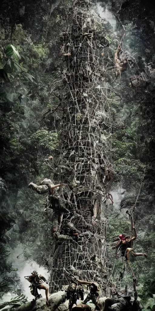 Prompt: editorial photo of tower in the jungle full of climbing people, armored warriors and Amazon climbs and fight, epic,three point perspective, vintage, blood, slight inspiration of Boris vallejo and apocalypto, war photography