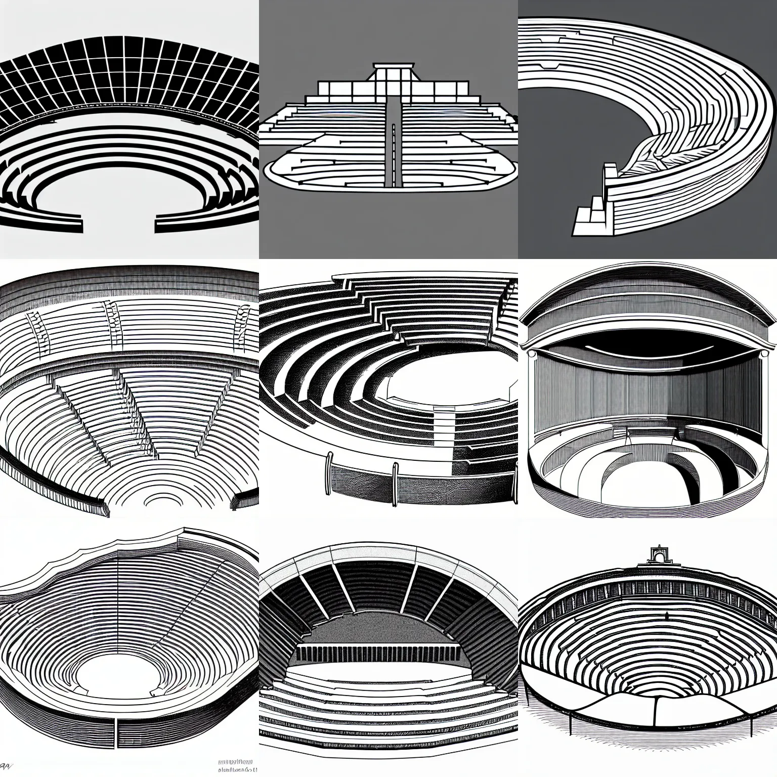 Prompt: a stephen biesty cross - section of simplified smooth shaded ancient amphitheater, precise vector trace, wide shot!!!!!!, sketch - up, white background