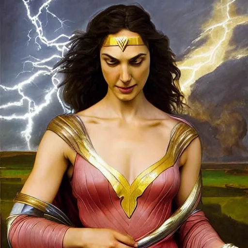 Image similar to Full body oil painting of the beautiful woman Gal Gadot, she is wearing some withe ancient roman cloths and a surreal ornate, her hair is natural disheveled, she is approaching heaven, people are claiming for her, she is attracting lightnings, naturalism, dramatic lighting, high-detailed oil painting by Ilya Repin, Michelangelo da Caravaggio, William Blake, Alex Grey and Beksinski, trending on Artsatio, hystorical painting, masterpiece, 4k, 8k,