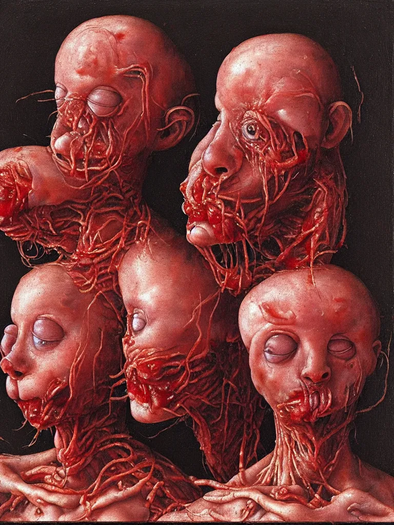 Prompt: siamese twins made of hair and meat sitting in a tub full of tomato sauce, looking straight into camera, screaming in desperation, by giuseppe arcimboldo and ambrosius benson, renaissance, intricate and intense oil paint, a touch of joseph cornell, beksinski and hr giger and edward munch, realistic