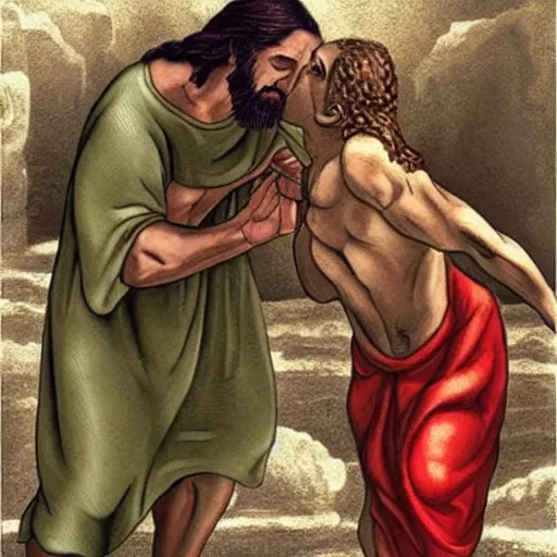 Prompt: ripped jesus punching an old lady, highly detailed, hyper realistic,